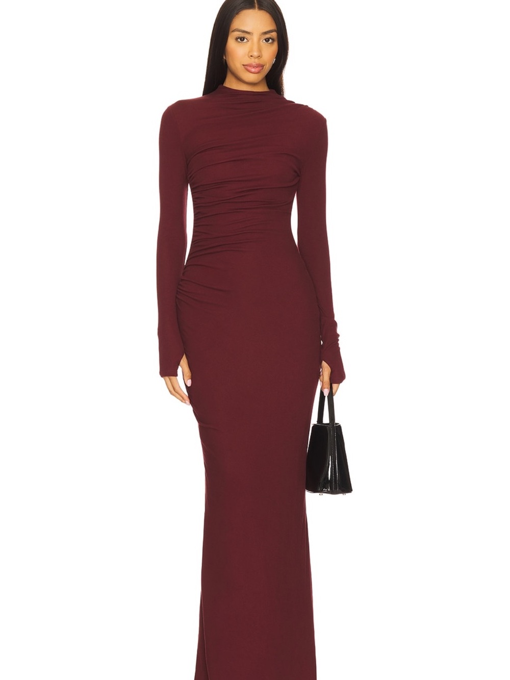 SEVEN WONDERS PETRA MAXI IN WINE Long Sleeve Burgundy Ruched Maxi Dress
